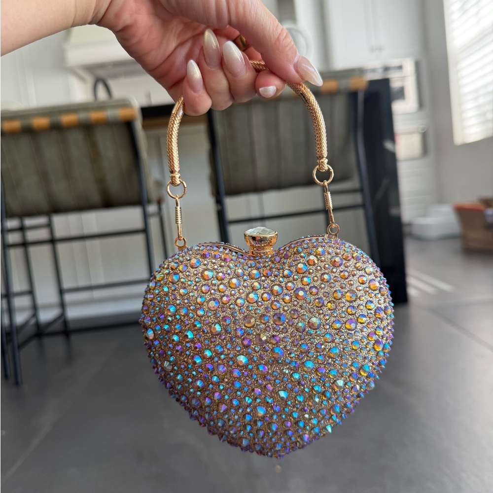 Ramla Sparkling Heart Crystal Clutch with Gold Handle - Picture 2 of 4